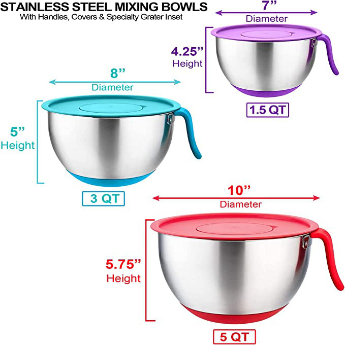 Stainless Steel Mixing Bowls (Set of 3) - Long Handle, Pour Spout, Non Slip Colorful Silicone Bottom with Lids, 3 Graters, & Measurement Marks, Ideal