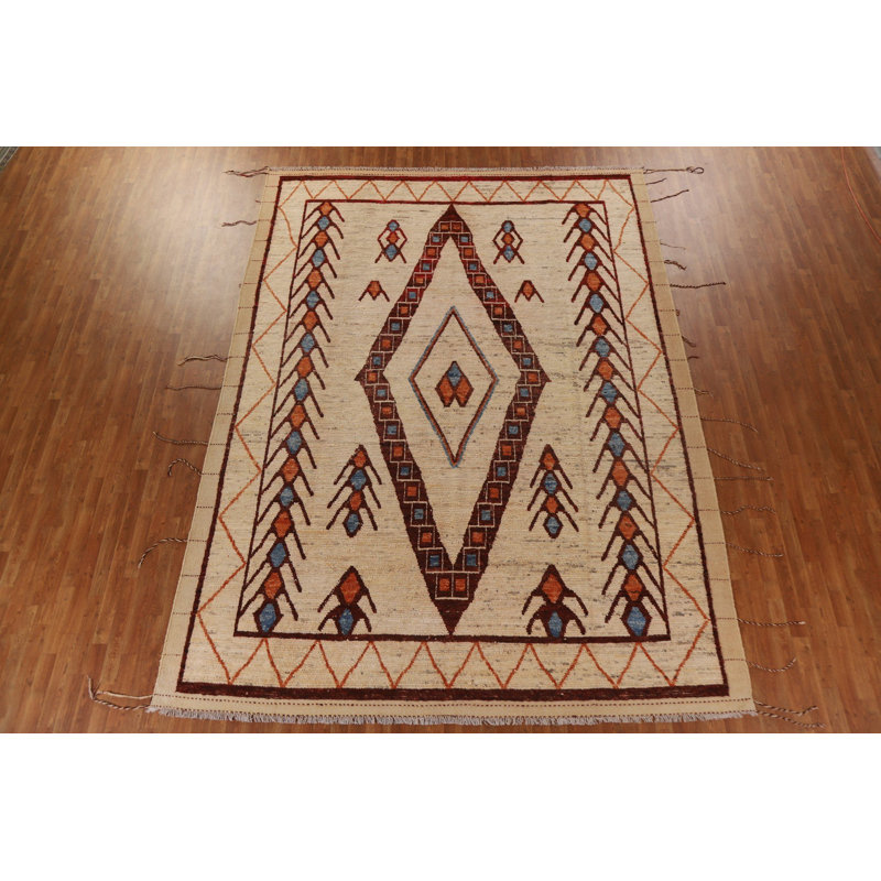 Tapis beige en laine noué à la main de conception unique 9 pi 5 po x 12 pi 9 po New Age