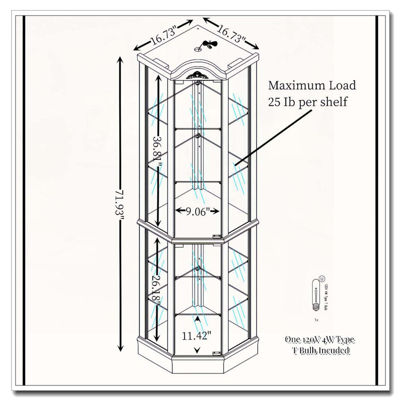 Armoire de coin en verre avec éclairage, Cerisier, H 72 po x l 17 po x P 17 po