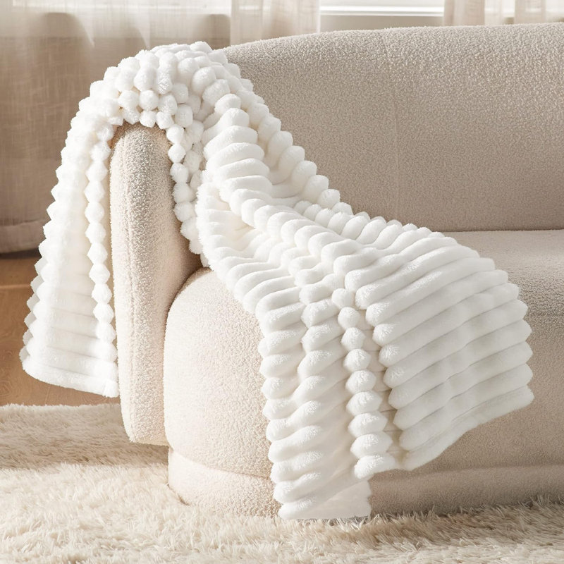 Bedsure Super Soft Fleece Blanket with Classic Stripe Pattern, White, Throw