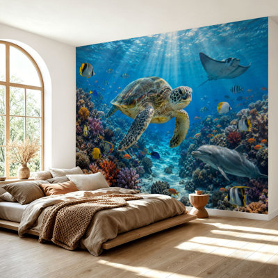 Wall Mural Peel and Stick Wallpaper Ocean Water Sea Turtle Coral Fish Underwater Scenery Realistic Self-Adhesive Removable Contact Paper Wall Decor for Living Room Bedroom 69"H x 96"W