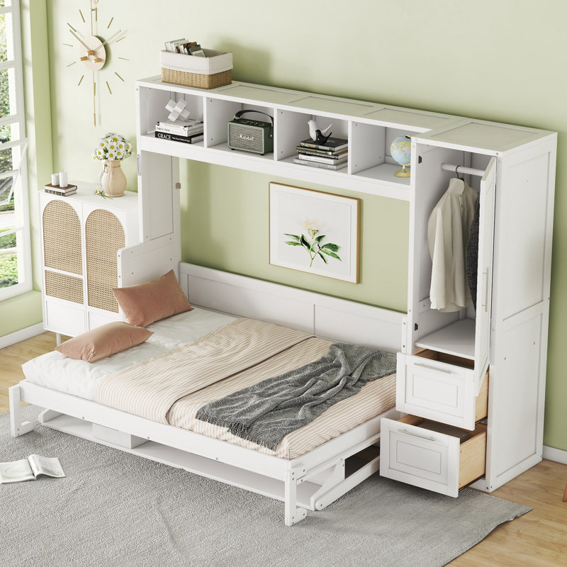 Lit escamotable double pleine grandeur avec placard et tiroirs intégrés - Lit escamotable mural peu encombrant avec rangement spacieux pour les petites pièces