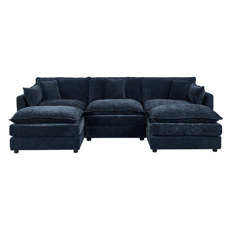 Modern Chenille Loveseat Sofa Couch With Ottoman, Blue Chenille, 33.85" H x 112.2" W x 35.82" D