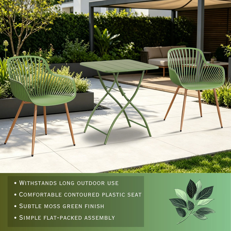 3-Piece Bistro Garden Set with Folding Metal Table & Armchairs, Green