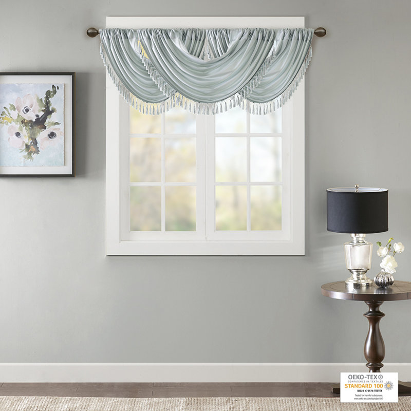 Dusty Aqua Faux Silk Waterfall Valance with Tassel Trim