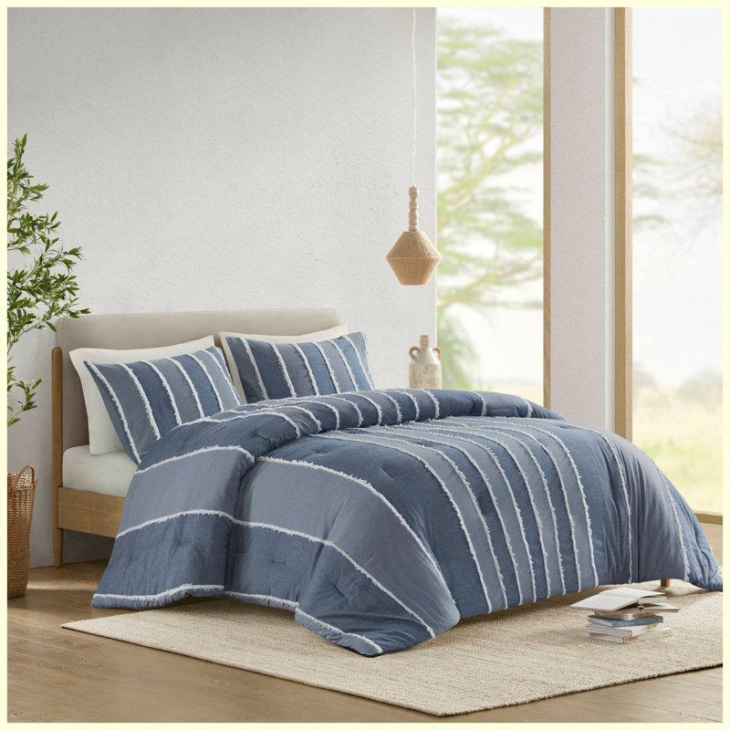 3-Piece Full/Queen Striped Cotton Comforter Set - Blue