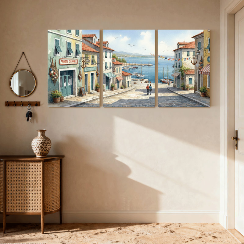 Ensemble de 3 impressions sur toile Scènes et paysages urbains de la ville côtière méditerranéenne, H 18 po x l 36 po
