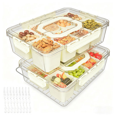 Plateau de service divisé avec couvercle et poignées, boîte à collation à 8 compartiments, organisateur de charcuterie pour bonbons, noix, fruits, collations, beige, paquet de 2