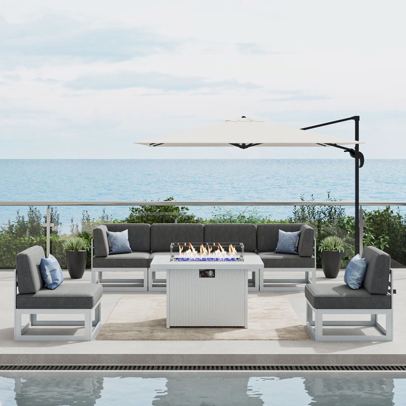  7 Pieces Modern Aluminum Patio Furniture Set With Fire Table, Outdoor Modular Sectional Conversation Set L-shaped Sofa For Backyard