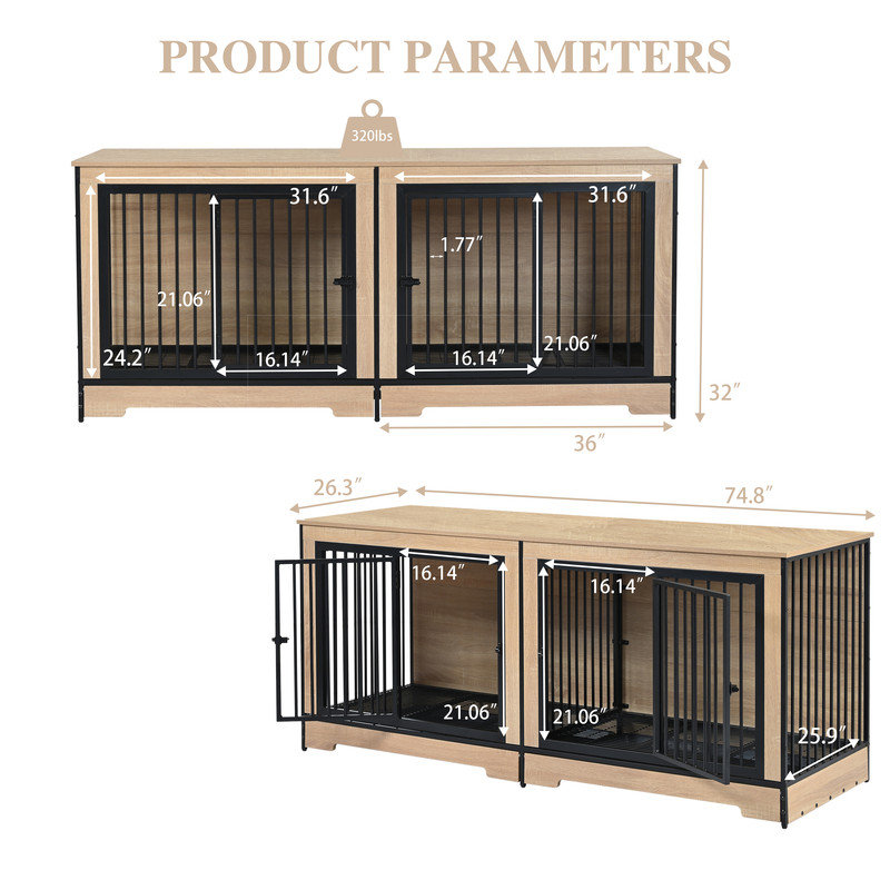 Meuble de rangement 74,8 po à deux compartiments pour cage pour 2 grands chiens