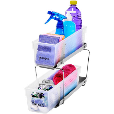 Mini 2-Tier Slide-Out Organizer With Handles And Dividers For Home And Bathroom, Frost