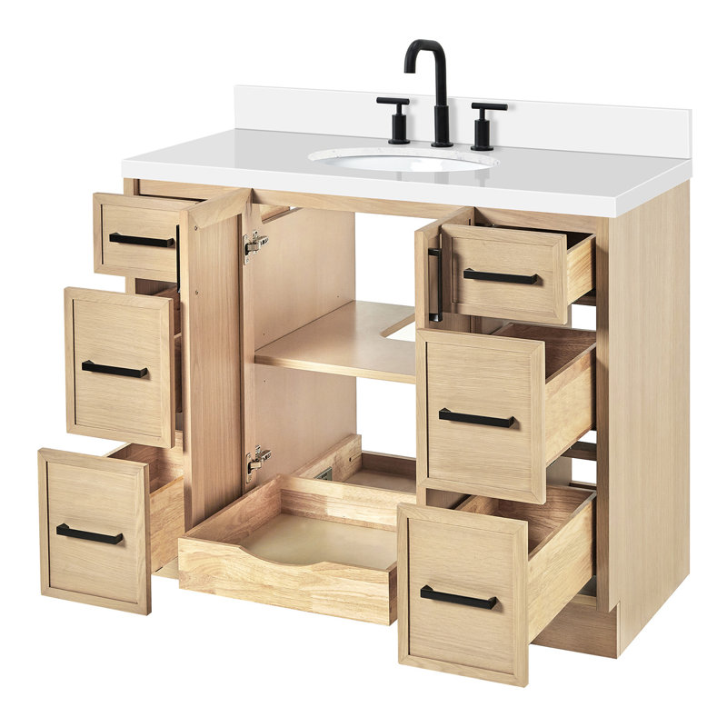 Ariel Kellie 43 Inch Single Oval Sink Bathroom Vanity With Pure Quartz Countertop, Oak