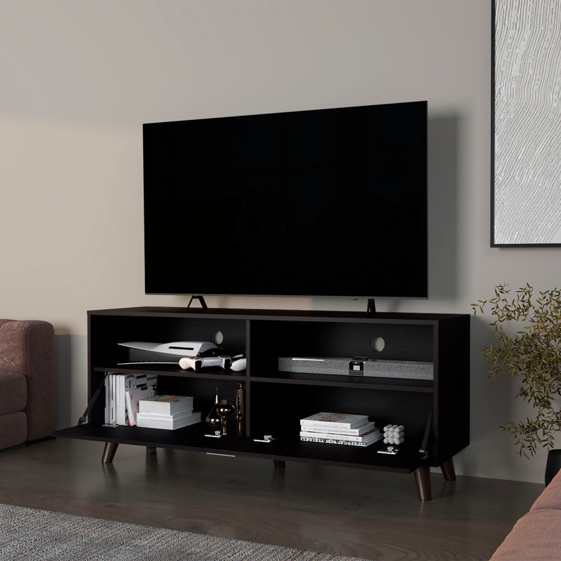 Meuble télé Black City Mid-Century avec tablettes ouvertes et rangement - Wengé