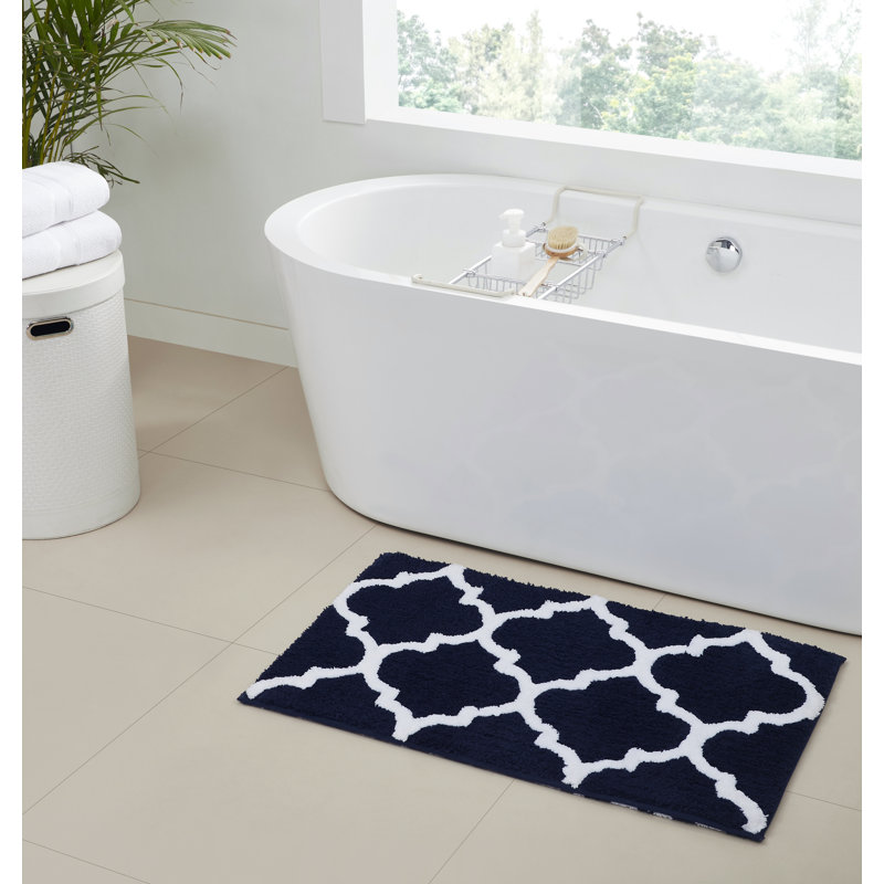 Marrakesh Collection Reversible  Bath Mat, Machine Washable Bath Rug, Navy, 17" x 24"
