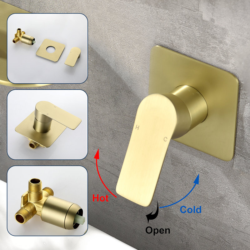 Shower Valves Wall Mount Shower Faucet Rough-in Valve Bathroom Trim Kit Single Handle Tub Shower Valve Mixer, Brushed Gold