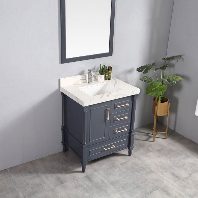 Ensemble de meuble-lavabo simple 30 po Muldoon, Calacatta, Bleu marine hâlé, Doré