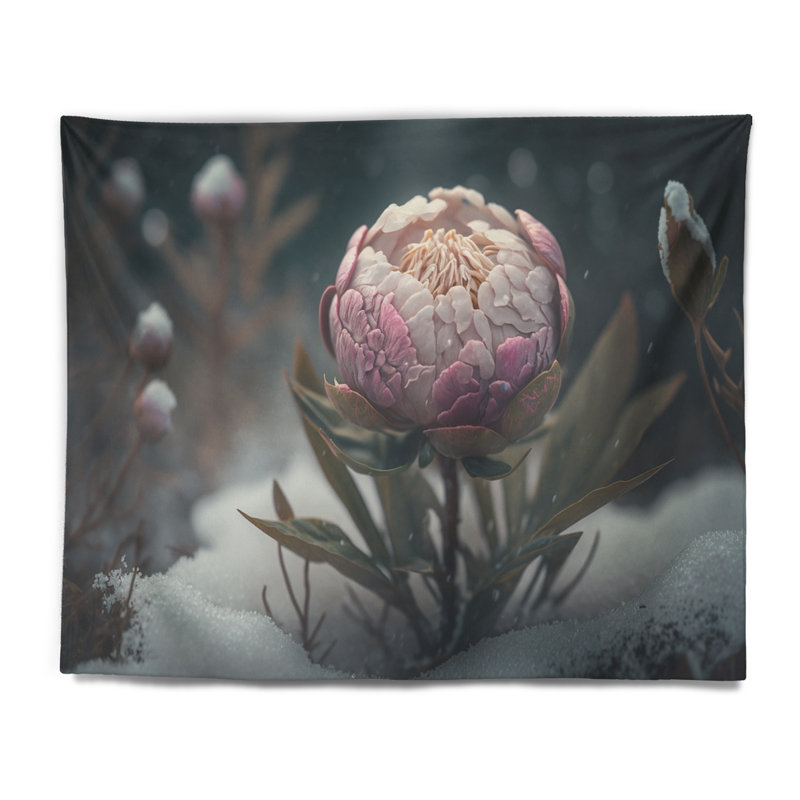 Tapisserie en polyester avec pivoines roses en hiver II, H 32 po x l 39 po