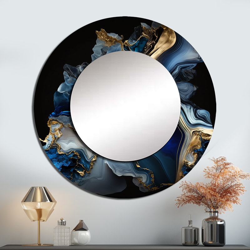 Orfhlaith abstrait Geode Marble Blue II - miroir mural en marbre, miroir décoratif rond moderne, impression d'art en métal