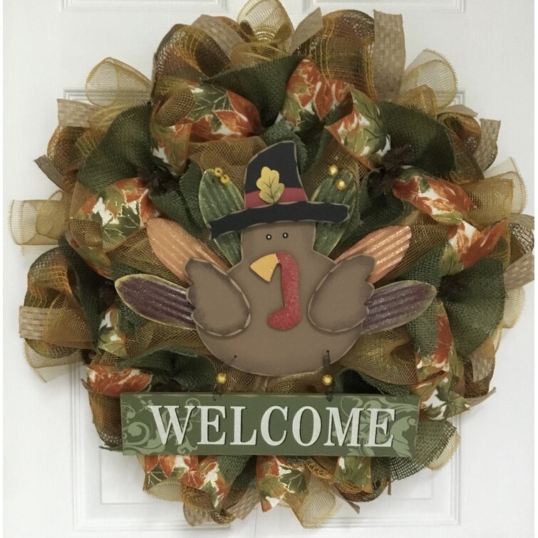 The Holiday Aisle® Thanksgiving Wreath With Turkey and Welcome