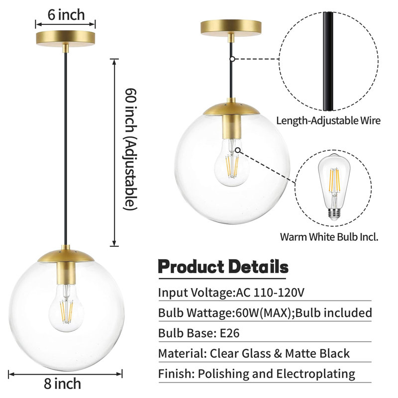 Luminaire suspendu simple à 1 lumière Gritta, Laiton