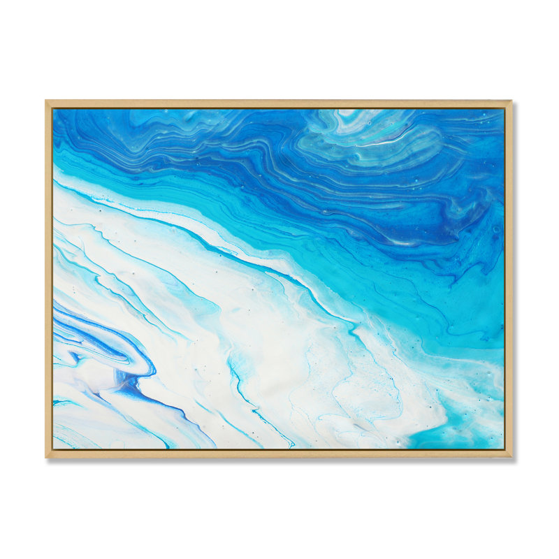Bleu et blanc, vagues liquides I - Peinture sur toile, H 12 po x l 20 po x P 1 po, Cadre flottant en érable