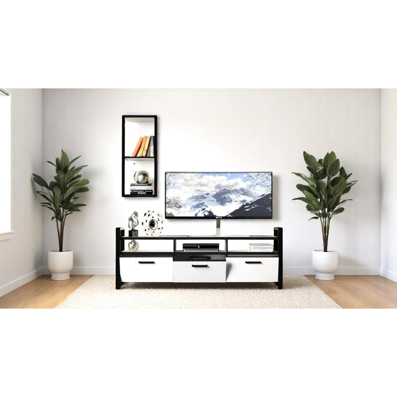 Console de télévision avec 3 compartiments et espaces de rangement ouverts pour une salle de divertissement, agencement de couleur blanc noir, matériau en bois de métal, présentoir supplémentaire pour tablette murale, portes rabattables