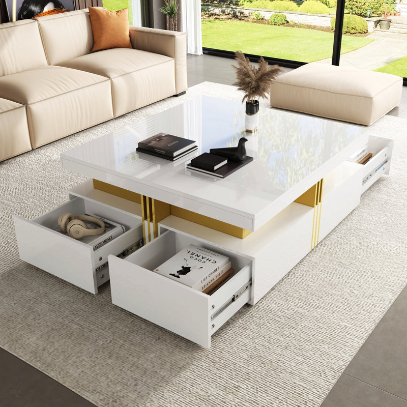Table basse moderne carrée avec rangement à 4 tiroirs 43,3 po, Glossy White