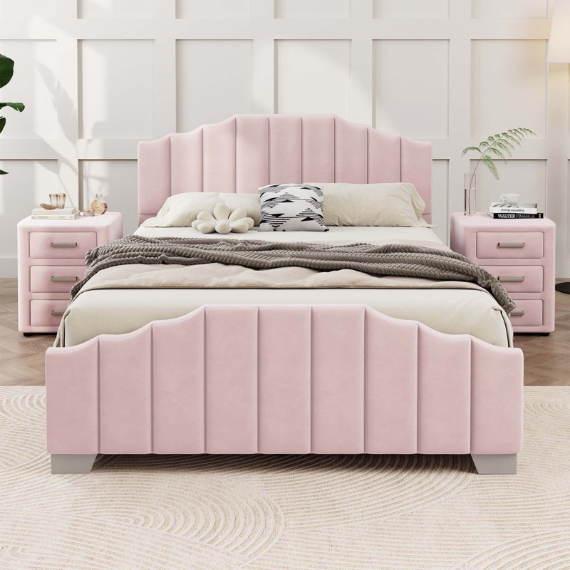 Tête de lit et pied de lit capitonnés en velours, avec sommier tapissier Velvet, Grand lit, Rose