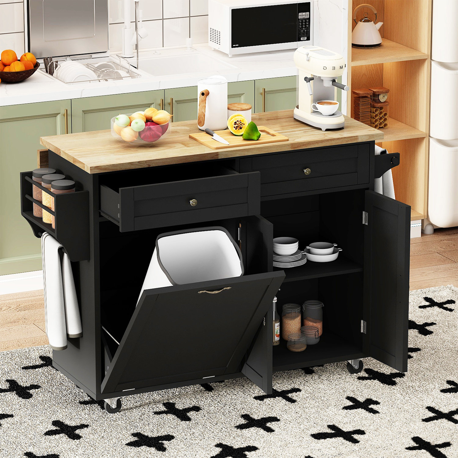 Winston Porter Melanye Rolling Kitchen Cart with Solid Wood Top ...