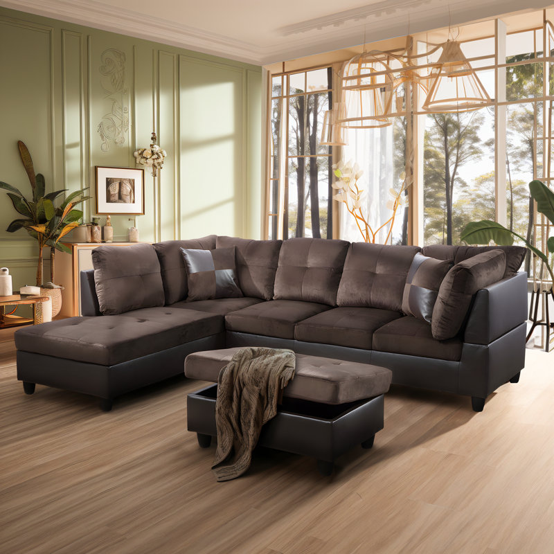 Modern Upholstery Sectional Sofa L-Shape Sofa Convertible PVC Couch Sofa with Ottoman Chaise, Dark Brown Linen Blend