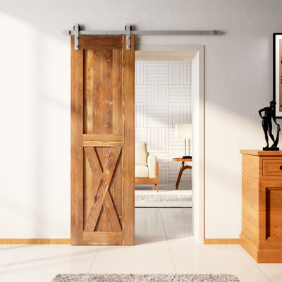 Porte en bois de pin massif X Design non assemblé avec quincaillerie d'installation en nickel brossé