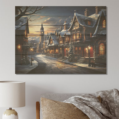 European Winter City By Night - Winter Landscape On Wood Print