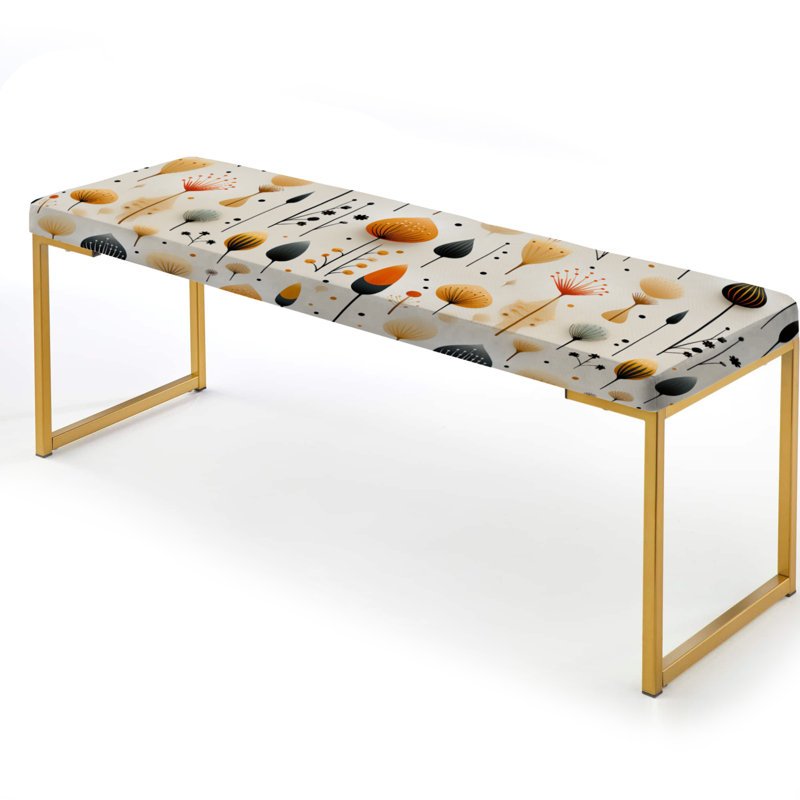 Floral Upholstered Gold Bench, Scandinavian Midcentury Harmony