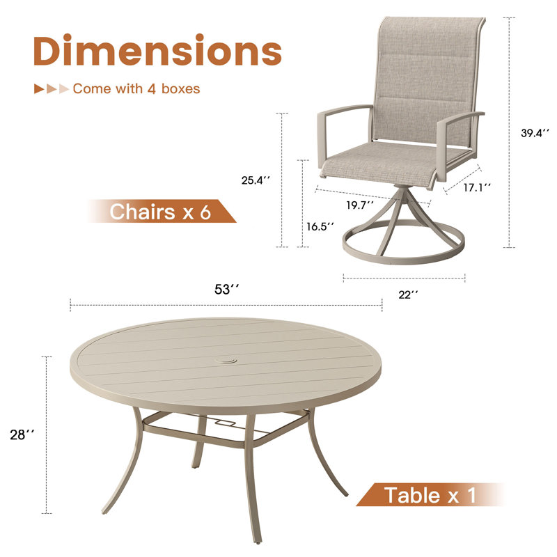 6-Person Patio Dining Set with 53" Round Metal Dining Table and 6 Padded Swivel PVC-coated polyester Chairs