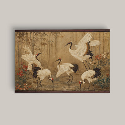 Chinoiserie Crane Wall Art Canvas Tapestry, Japanese Bird Painting,Traditional Oriental Art, Extra Large Wall Hanging