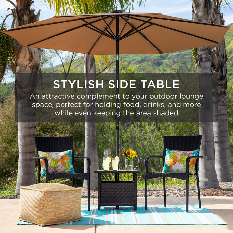 Wicker Rattan Patio Side Table Outdoor Furniture For Garden, Pool, Deck W/ Umbrella Hole - Taupe, Beige