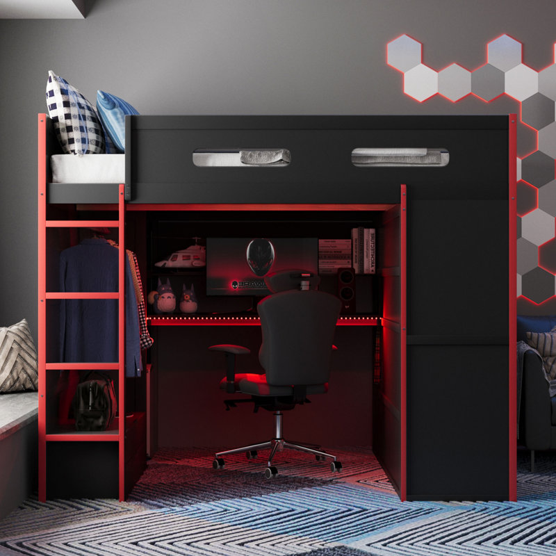 Lit mezzanine double en bois avec bureau, Rouge