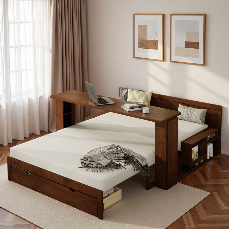 Lit de jour multifonctionnel avec tiroir de rangement, compartiments ouverts et table d'appoint hydraulique, Brun