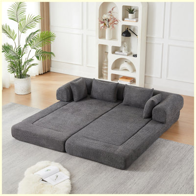 Chenille Upholstered Convertible Sleeper Sofa Bed with Throw Pillows