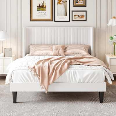 Ophir Queen Size Velvet Bed Frame with Vertical Channel Tufted Wingback Headboard, Upholstered Platform Bed with Wood Slats, No Box Spring Needed, Easy Assembly, White