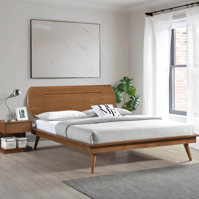Wooden Queen Platform Bed, Oval Headboard For Bedroom In Brown Country Casual Style Bed With Shade, Queen