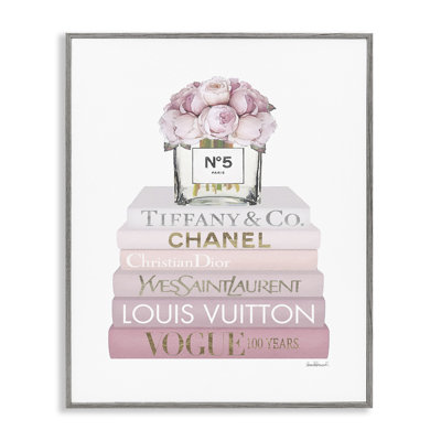 Pink Rose Bouquet Fashion Style Bookstack Gray Farmhouse Oversized Rustic Framed Giclee Texturized Art by Amanda Greenwood