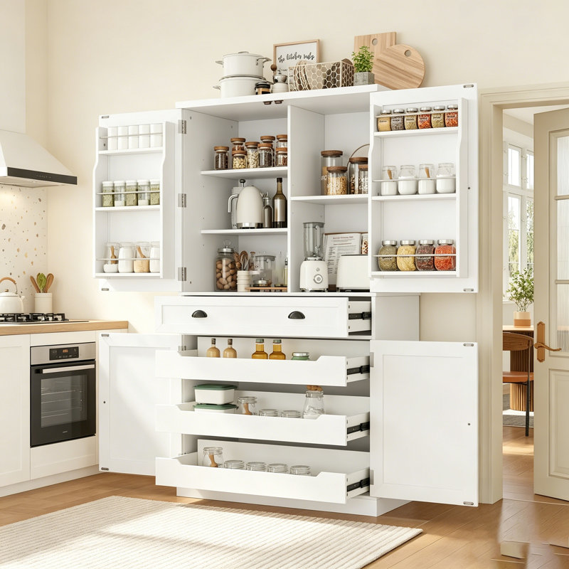 Garde-manger autoportant à 4 portes avec tablettes réglables, tiroir et plateaux coulissants pour un rangement et une organisation maximaux
