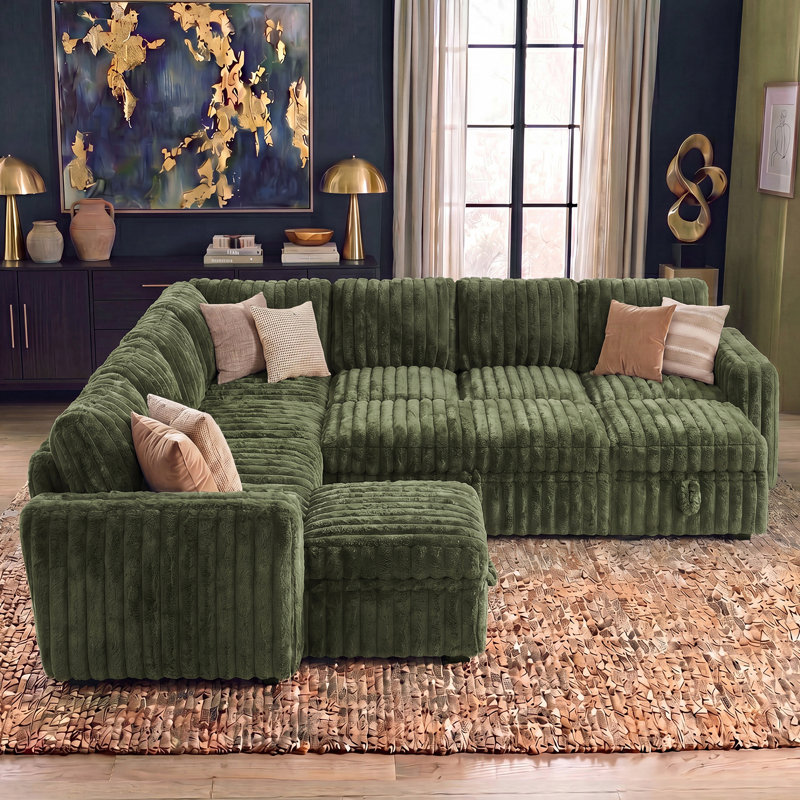 Canapé-lit modulaire rembourré avec rangement en fausse fourrure vert, Green Faux Fur