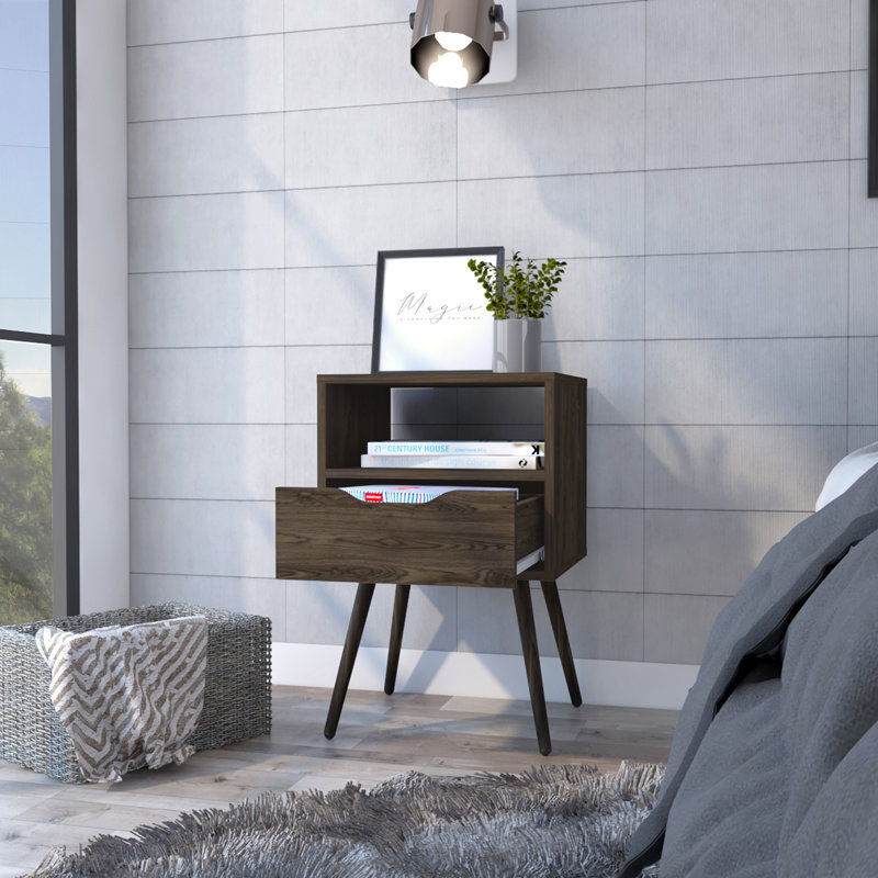 Dark Walnut Nightstand With Superior Top, Open Shelf, Drawer, And Four Legs, Brown