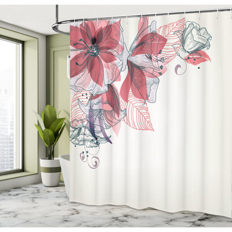 Floral Shower Curtain with Hooks Included, Dried Rose White