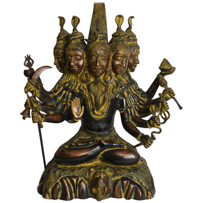 Sculpture en laiton Panchamukha Shiva fabriquée à la main de 16 pouces | Idole à cinq facettes pour une décoration spirituelle