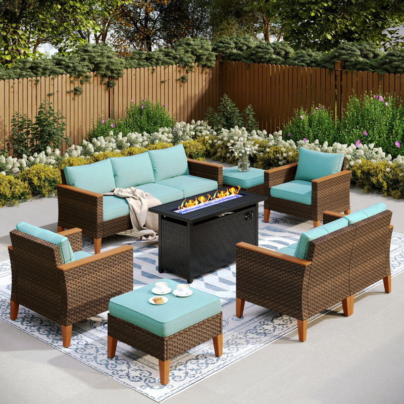 Ensemble de conversation modulaire en osier pour l'extérieur avec table pour foyer 9 personnes Lonsdale, Bleu