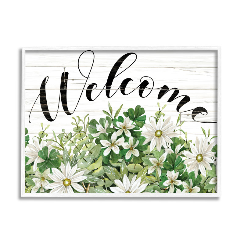 «Welcome Rustic Planked Sign White Flower Blossoms» par Cindy Jacobs - cadre flottant, impression sur toile