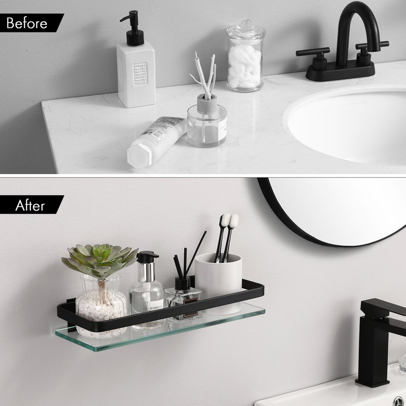 Bathroom floating glass shelf 14 inch tempered glass rectangular 1 tier extra thick aluminum wall mounted Janetta, Noir mat